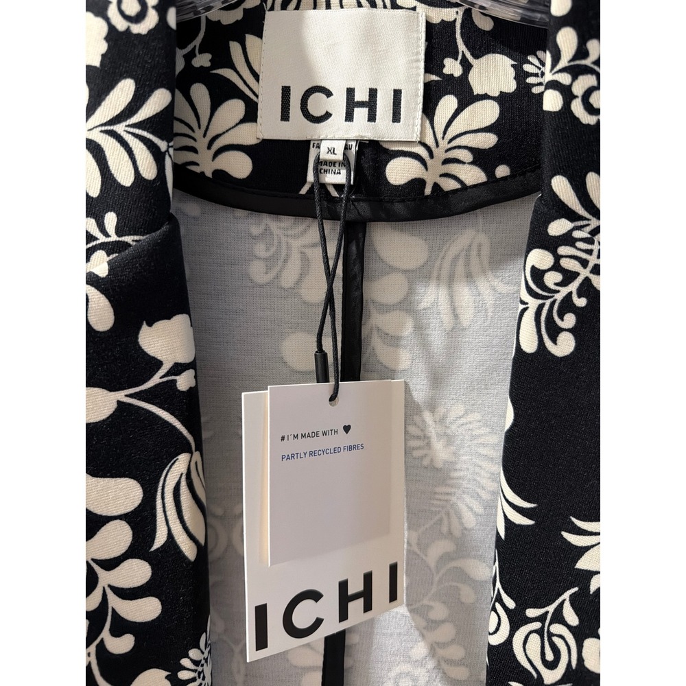 Ichi Black White Floral Blazer XL Open Front Recycled Fiber Stretch Jacket NWT - Picture 2 of 4